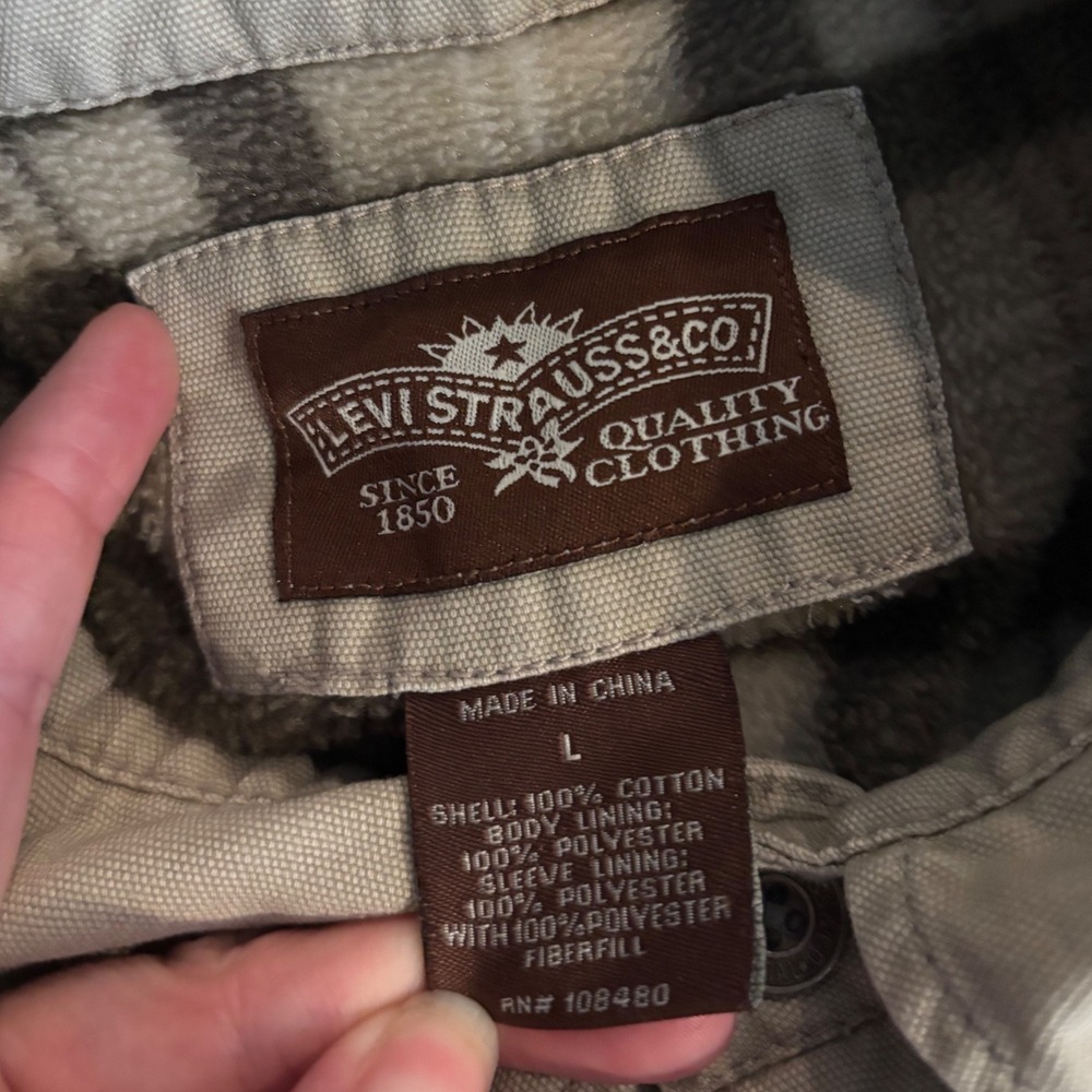 Levis Mens Canvas Shirt Jacket Tan Fleece Lined Plaid Workwear Shacket Large - Picture 6 of 7